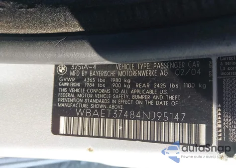 2004 BMW 325I from USA, damaged, VIN WBAET37484NJ95147